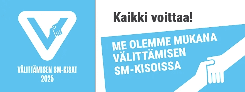 Välittämisen SM-kisojen 2025 tunnus. Vaaleansinisellä pohjalla V-kirjain ja teksti Olemme mukana.