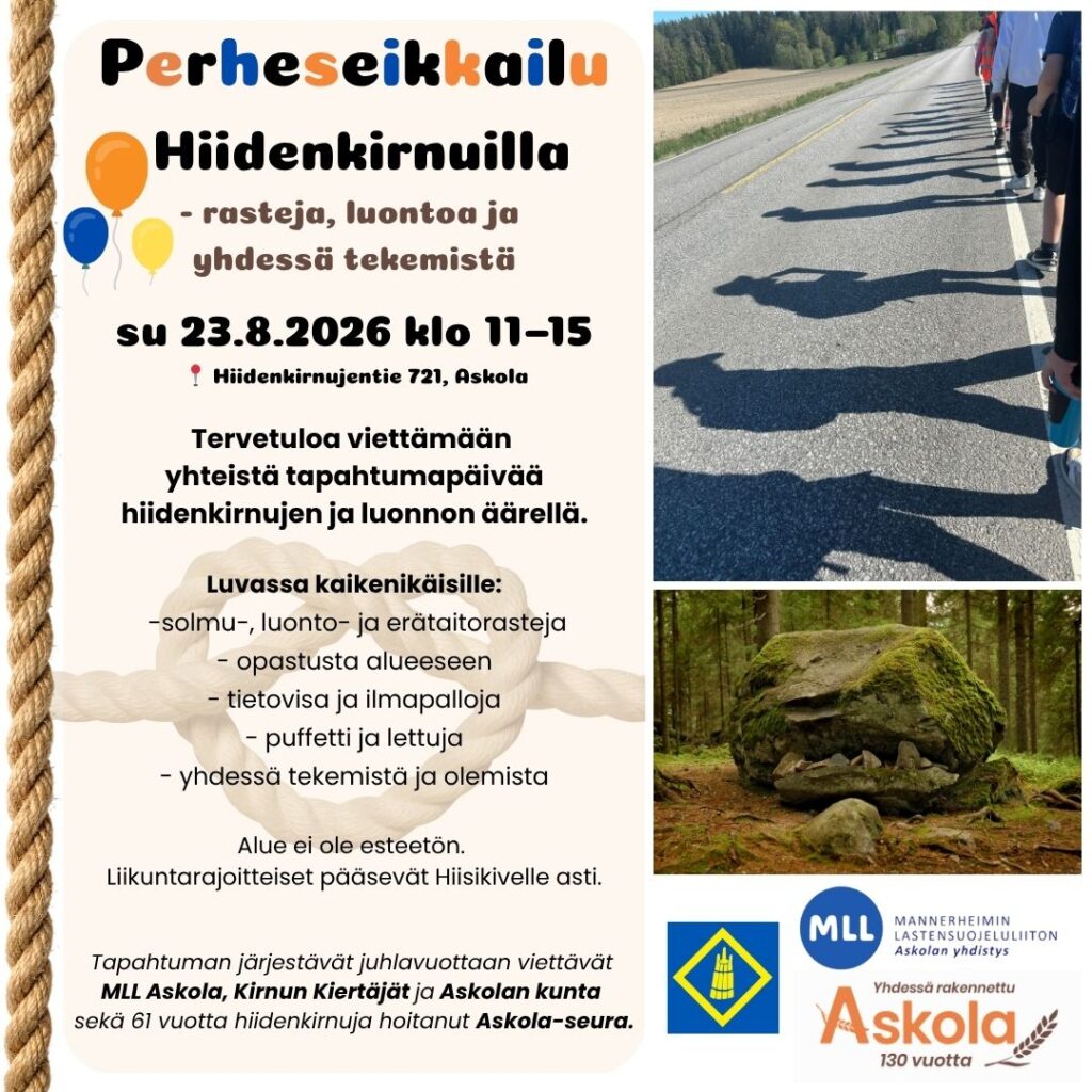 Mainoskuva perheseikkailu 23.8.2026 Askolan hiidenkirnuilla
