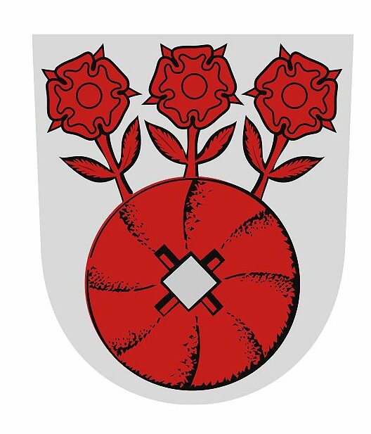 Askolan kunnan heraldinen vaakuna. Punainen merkki, jossa punaisia ruusuja.