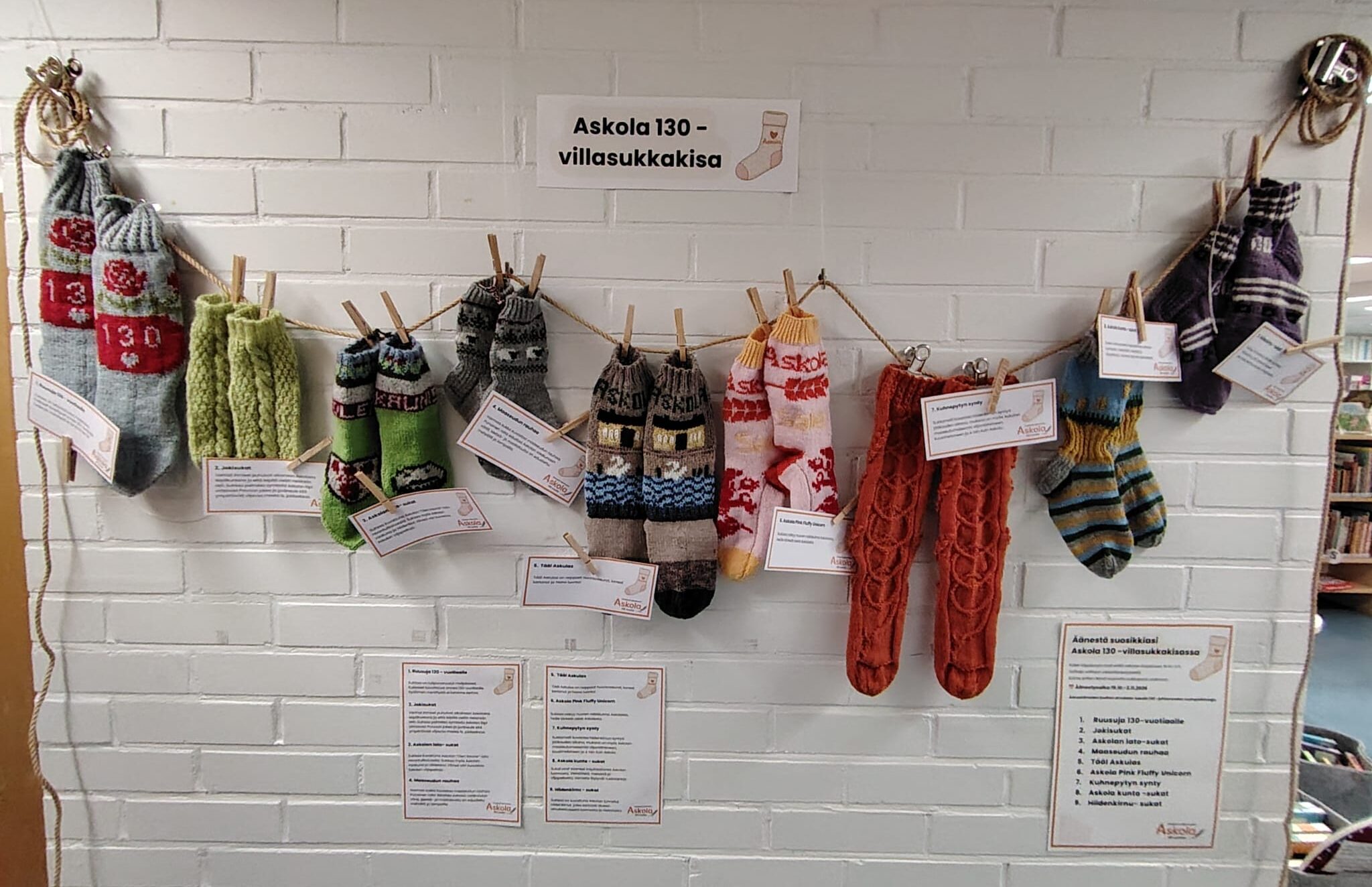 Askola 13-villasukkakisan kilpailutyöt ripustettuna seinälle